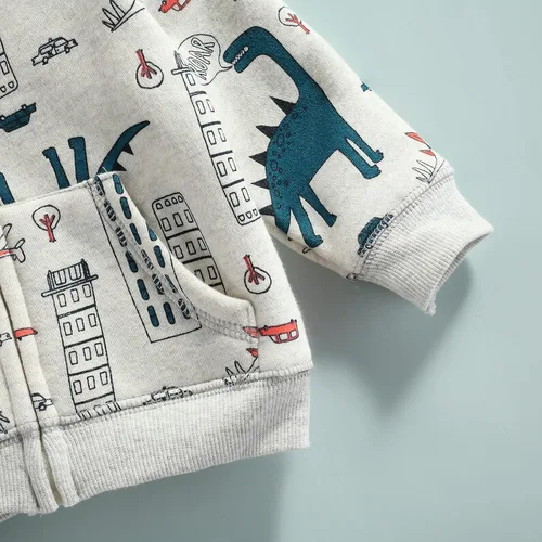Vista 4 de Ropa deportiva para bebé recién nacido, diseño de dinosaurio, manga larga, sudadera con capucha, pantalones, Beige, 9-12 meses