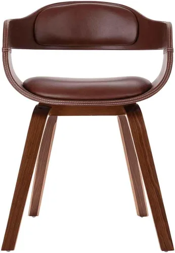 Vista 3 de Silla de comedor retro de piel sintética marrón con marco de madera, diseño ergonómico para cocina, comedor y restaurante