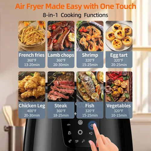 Vista 4 de Freidora de aire digital grande de 5.8 cuartos de galón con ventana para uso en cocina, antiadherente fabricada sin PFAS, pantalla táctil, 400F