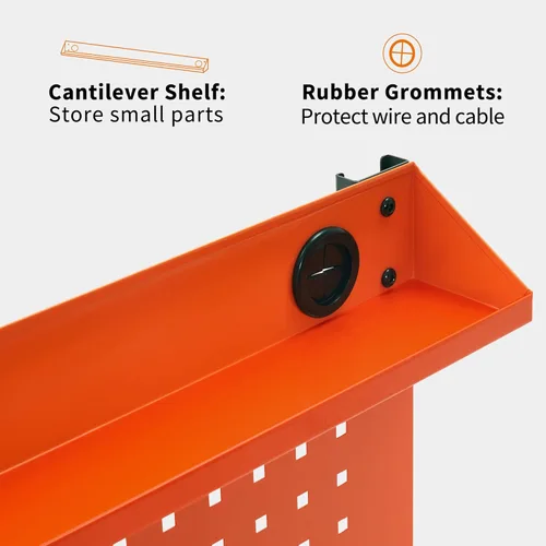 Vista 5 de MCombo Banco de trabajo ajustable con mesa de madera maciza para garaje, mesa de trabajo de acero con 2 tableros de clavijas Bench48 (naranja)