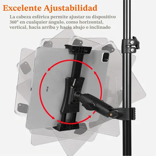 Vista 3 de Soporte para iPad para soporte de micrófono, soporte de teléfono para tableta, soporte de música para micrófono, soporte giratorio ajustable