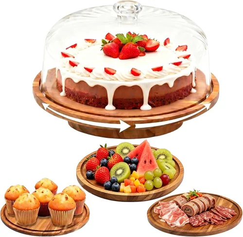 Vista 8 de Cutesun Soporte para pastel de bambú y madera con tapa - Soporte rectangular para pastel, juego de exhibición de 2 en 1 para mesa de postre y tabla