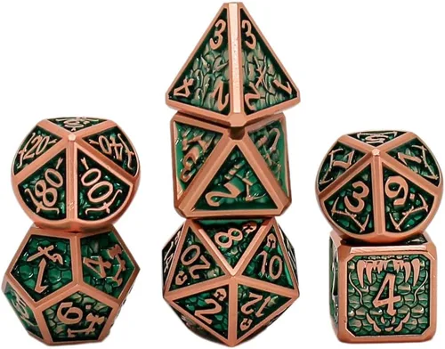 Vista 21 de Juego de dados de metal de escamas de dragón en negro, encerrados en una caja de exhibición de madera de seis caras con tapa magnética