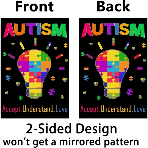Vista 5 de Nepnuser Bandera de jardín de concienciación sobre el autismo, con luz de rompecabezas azul, con texto en inglés "Accept Understand Love