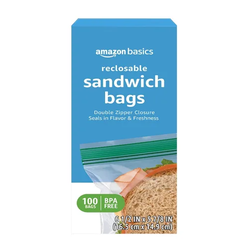 Amazon Basics Bolsas de almacenamiento de sándwich con doble cierre para almacenamiento de alimentos, sin BPA, 100 unidades
