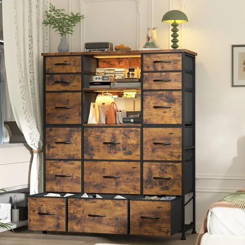 Vista 9 de EnHomee Cómoda de 51" de altura con 15 cajones, cómoda para dormitorio con estación de carga y luces LED y estante superior, cómodas de dormitorio