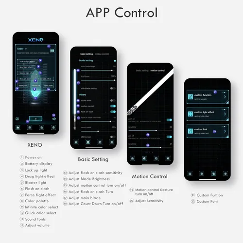 Vista 2 de CUSTOM SABER Sable de luz RGBX Smooth Swing, control de movimiento para encenderapagar la cuchilla, 16 fuentes de sonido, sable de luz, soporte