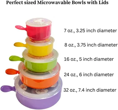 Vista 2 de Evelots Cuencos Seguros para Microondas y Congelador - Juego de 10 Piezas - Con Tapas Ventiladas y Asas - Cuencos para Sopa, Ramen, Utensilios