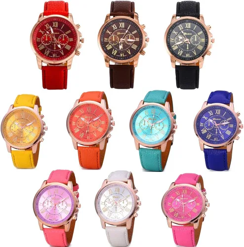 Vista 2 de Weicam Venta al por mayor Relojes 10 Pack Moda Señoras Mujeres PU Cuero Surtido Reloj de Pulsera Conjunto Números Romanos Cuarzo Analógico