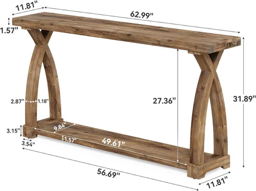 Vista 3 de Mesa consola de madera maciza para entrada, mesa estrecha de 63 pulgadas para sofá con almacenamiento de 2 niveles para entrada, vestíbulo, sala