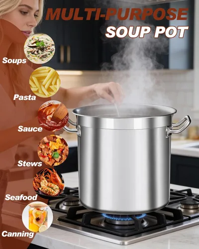 Vista 5 de Olla de 20 cuartos de galón - Olla de acero inoxidable con tapa – Olla de cocina resistente para sopa, guisado, pasta – Uso comercial y doméstico
