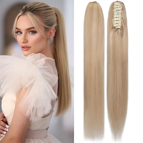 Vista 18 de Rich Choices Extensión de Cola de Caballo con Clip de Garra Cabello Humano Extensión de Cola de Caballo de Cabello Real Balayage Rubio Decolorado 14
