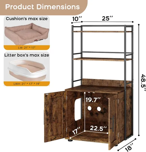 Vista 6 de GAOMON Caja de arena para gatos 2 en 1 con 3 estantes y puerta, color marrón