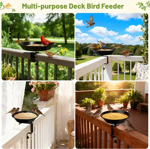 Vista 4 de Comedero para pájaros de balcón para barandilla de cubierta, montado en cubierta con bandeja de semillas para exteriores, acero resistente ajustable