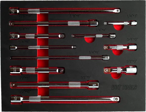 VCT Juego de barra de extensión de 12 piezas, barra de extensión de enchufe de 1/4", 3/8" y 1/2", CR-V, acabado espejo PRO GRADE Shop Tools