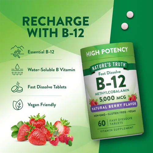Vista 5 de Nature's Truth Vitamina B12 de 5000 mcg 60 tabletas Sabor natural de bayas de disolución rápida Suplemento vegano, sin OMG y sin gluten