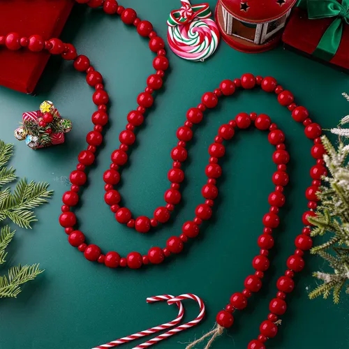 Vista 4 de 2 piezas / 4.4 metros Guirnalda de cuentas de madera de Navidad Adorno de árbol de Navidad de madera Cuentas redondas rústicas de árbol de Navidad
