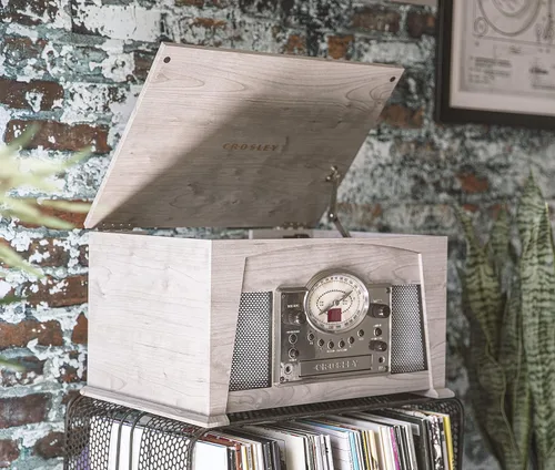 Vista 5 de Crosley CR7015A-GY Medley - Tocadiscos de vinilo de 3 velocidades con Bluetooth, radio AM/FM, reproductor de CD, cubierta de casete y entrada Gris