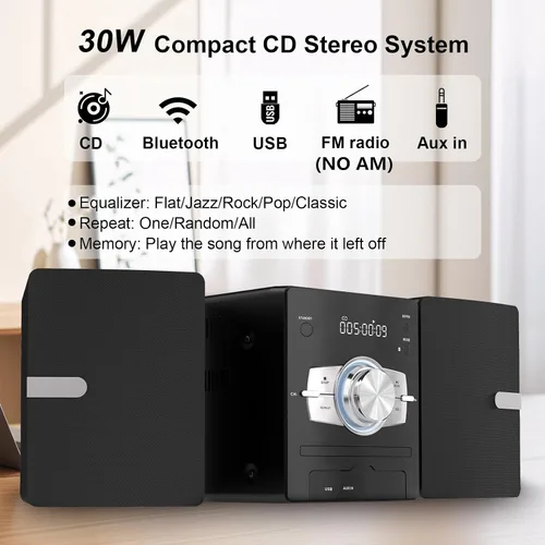 Vista 3 de Sistema estéreo para el hogar de 100 W con reproductor de CD, radio FM, Bluetooth, entrada AUX/USB, función de karaoke, conector para auriculares