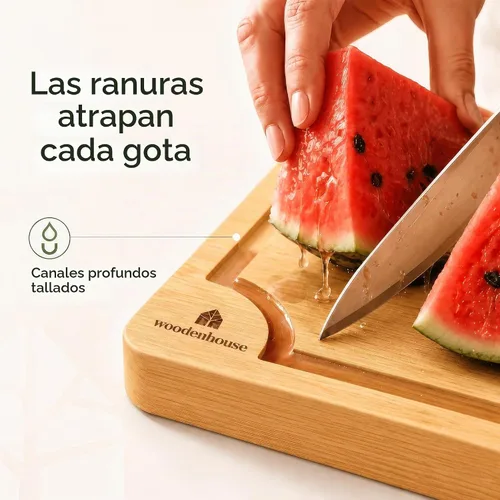 Vista 4 de Juego de tablas de cortar de bambú de 3 piezas - Tablas de cortar de madera gruesas y duraderas con ranuras profundas para jugo y asas incorporadas