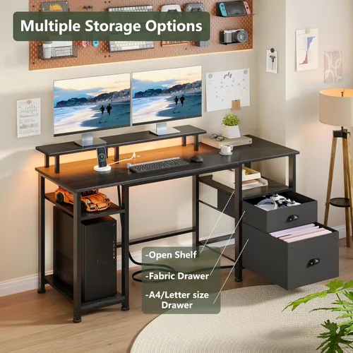 Vista 8 de Furologee Escritorio para juegos de 51 pulgadas con tomas de corriente y luces LED, escritorio reversible para computadora con archivador y soporte