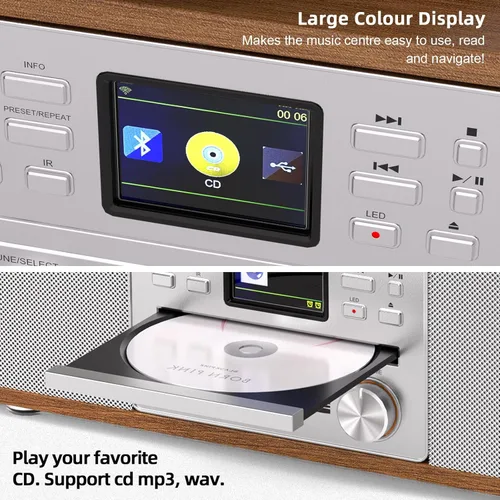Vista 4 de Tocadiscos Bluetooth retro 10 en 1 con altavoces estéreo integrados, tocadiscos inalámbricos de 3 velocidades para vinilo, CD, MP3, USB/SD, radio