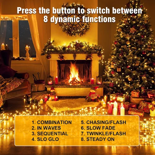 Vista 3 de Nisocy - Cadena de luces LED de 100 pies para exteriores, impermeable – Luces de hadas de color blanco cálido con enchufe, luces de árbol de Navidad