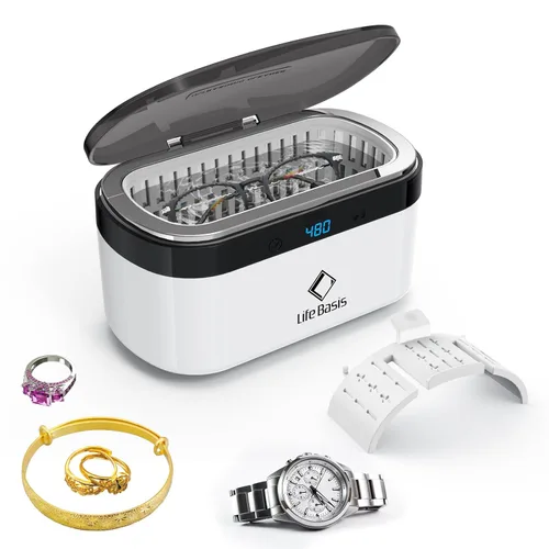 Life Basis Limpiador ultrasónico de joyas portátil – Máquina de limpieza sónica de 500ML con limpieza profunda de 42kHz, 5 ajustes de temporizador,