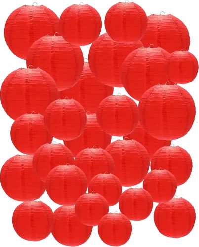 Treela 48 linternas de papel para decoración de fiesta, decoración de papel redondo chino de 4/6/8/10 pulgadas, lámparas colgantes asiáticas Rojo