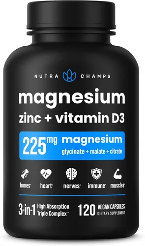 NutraChamps Suplemento de Magnesio, Zinc y Vitamina D3 - Las Formas Más Biodisponibles; Glicinato de Magnesio, Malato, Citrato - Salud Ósea,
