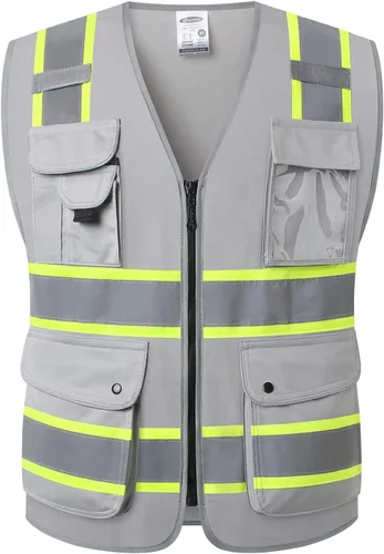 Vista 22 de JKSafety Chaleco de seguridad frontal con 9 bolsillos de alta visibilidad de doble color con cierre de cremallera MESH Lite Tira reflectante