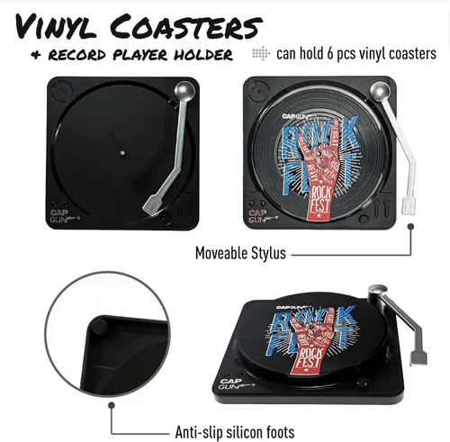 Vista 2 de Divertidos posavasos retro para discos de vinilo, juego de 6 posavasos creativos con soporte para tocadiscos de vinilo para amantes de la música
