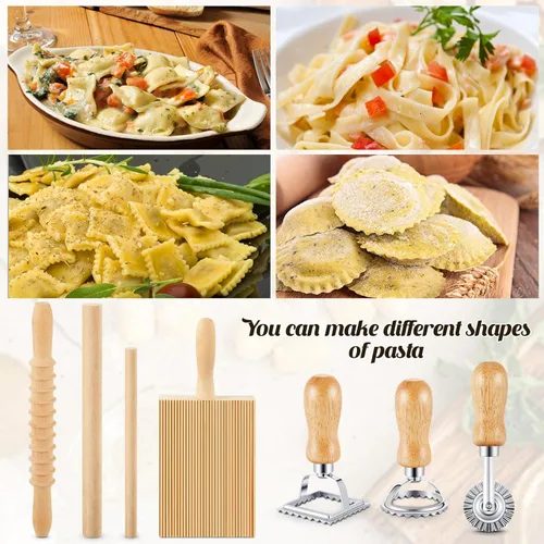Vista 5 de Tioncy Juego de 7 piezas de herramientas para hacer pasta con tabla de gnocchi de madera, sello para raviolis, fabricante de raviolis y rodillo