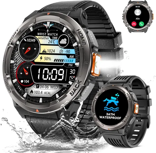 Reloj inteligente militar para hombre con llamada/linterna LED, 3ATM, resistente al agua, 1.45 pulgadas, HD, resistente, táctico, con brújula,
