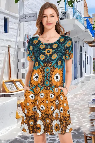 Vista 2 de Vestidos de verano para mujer, con vuelos, estilo informal, de corte holgado, con estampado floral, manga corta, con bolsillos, para la playa