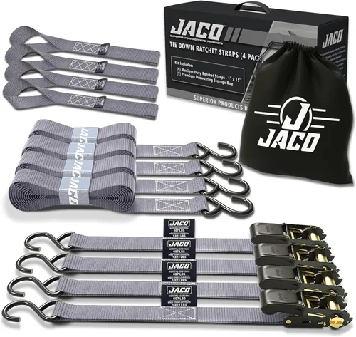 Vista 8 de JACO - Correas de amarre con trinquete, 1 pulgada x 15 pies (paquete de 4) 1,823 libras (negro)