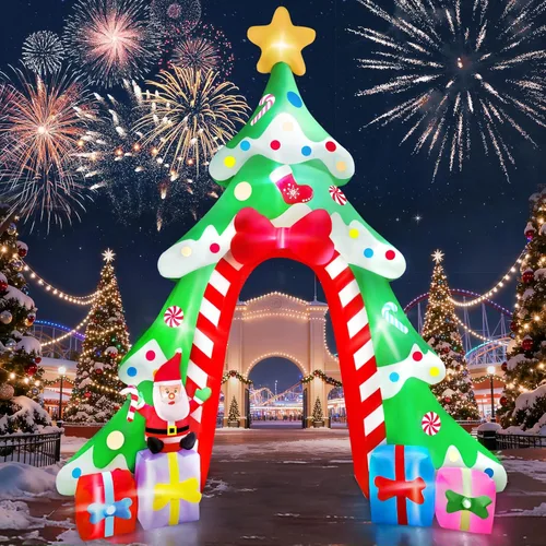 Vista 7 de Kalolary Arco inflable de Navidad de 12 pies para decoración al aire libre, arco de árbol de Navidad, decoración de patio, regalos de dulces de Papá