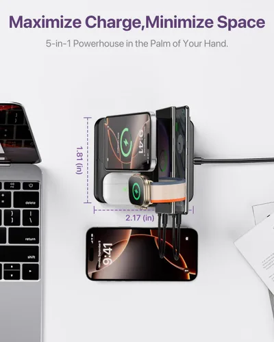 Vista 4 de Intoval Estación de carga 5 en 1, para iPhone 17/17 Pro/17 Pro Max y Android, iPad Pro/Air/Mini, Apple Watch 11/Ultra 3/Ultra 2/Ultra/10/9/8/7/SE