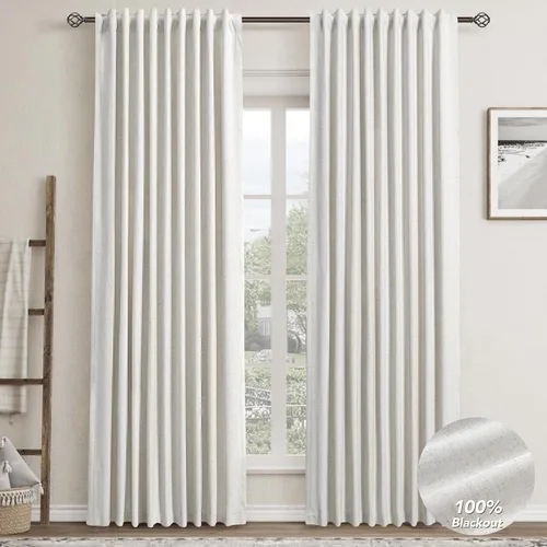 Vista 15 de Beige White 100% Blackout Curtains 84 Inch Length for Bedroom Back Tab Thick Heavy Black Out Linen Drapes Farmhouse Rustic Living Room Thermal