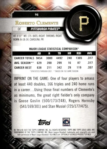 Vista 2 de 2022 TOPPS GOLD LABEL CLASS 2#94 ROBERTO CLEMENTE PITTSBURGH PIRATES BASEBALL OFFICIAL TRADING CARD OF MLB