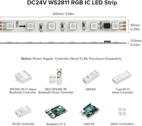 Vista 2 de BTF-LIGHTING -Tira LED WS2811 DC24V 32 pies, direccionable RGB, 600 LEDs, 100 píxeles, PCB blanco Dream Color IP30 no impermeable, funciona