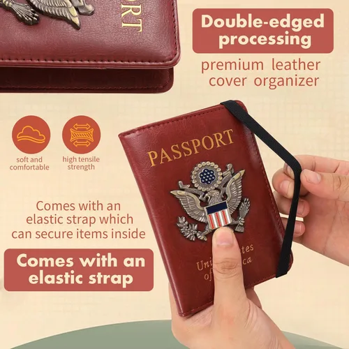 Vista 3 de Funda para pasaporte, cartera de viaje con bloqueo RFID, de cuero, para pasaporte familiar, carteras organizadas, cartera personalizada para hombres
