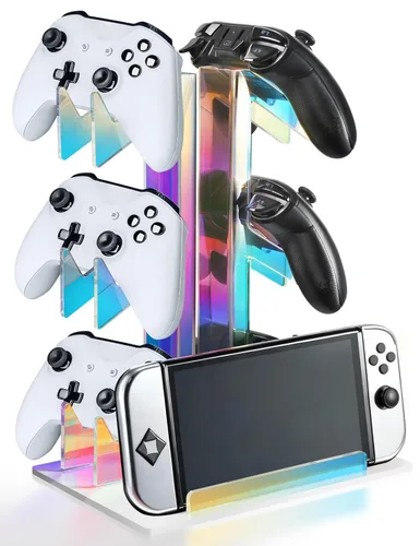 NiHome Iridescent Acrylic 3-Tier Game Controller Holder Headset Stand for PS5 Xbox ONE, Universal Game Controller Organizer Stand Anti-Slip Stable