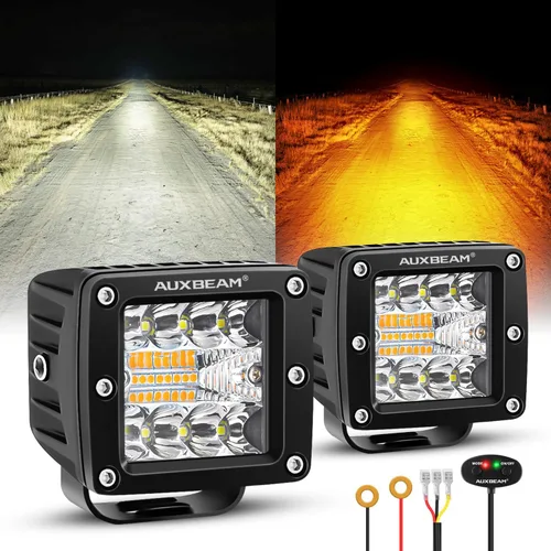 Auxbeam Cubo luz LED ámbar de 3 pulgadas, 72 W todoterreno, 6 modos dos colores, estroboscópica antiniebla de conducción penetración e inundación,