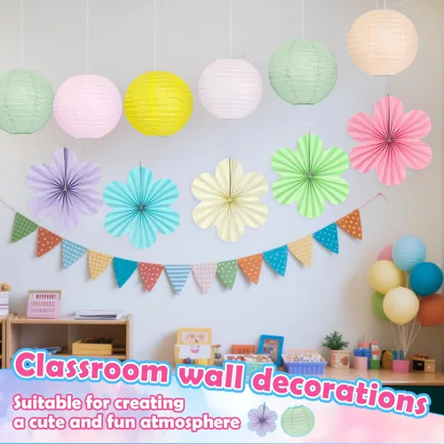 Vista 5 de Spring Hanging Decorations - 18Pcs Pastel Party Decorations Paper Lanterns & Flower Fans Set for Pastel Classroom Decor, Office, Baby Shower