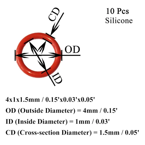 Vista 2 de [10 unidades] juntas tóricas de silicona rojas de 0.157 in de diámetro exterior 0.039 in de diámetro interno 0.059 in de ancho, junta de sellado