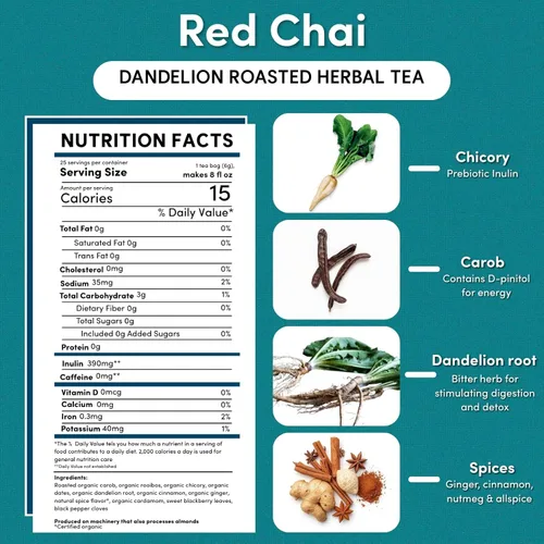 Vista 2 de Teeccino Té Chai rojo de diente de león, 25 bolsas de té, sin cafeína, té de hierbas tostadas con prebióticos, 3 veces más hierbas que las bolsas