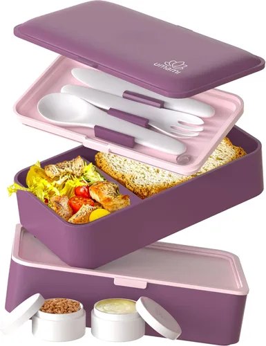 Umami Bento Box - Caja Bento para adultos todo en 1 con 4 utensilios, 2 tarros de salsa, 2 divisores, 100% a prueba de fugas, apta para microondas y