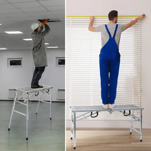 Vista 7 de Plataforma de andamio ajustable con capacidad de carga de 600 lb, escalera de acero, plataforma de trabajo plegable portátil para limpieza de RV