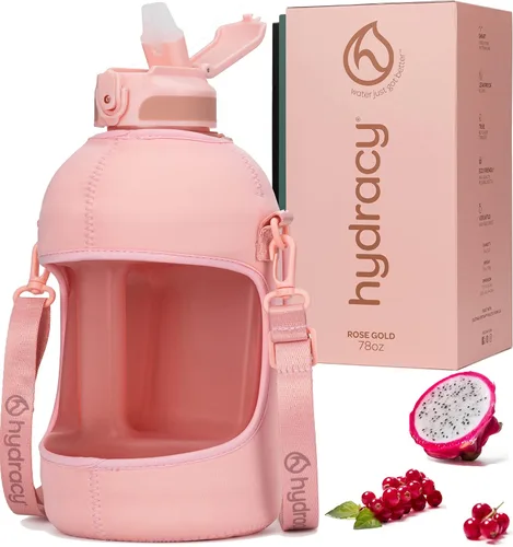 Vista 11 de Hydracy Botella de agua con horas para beber marcadas, grande, sin bisfenol A, a prueba de fugas, funda anticondensación, para gimnasio, con colador